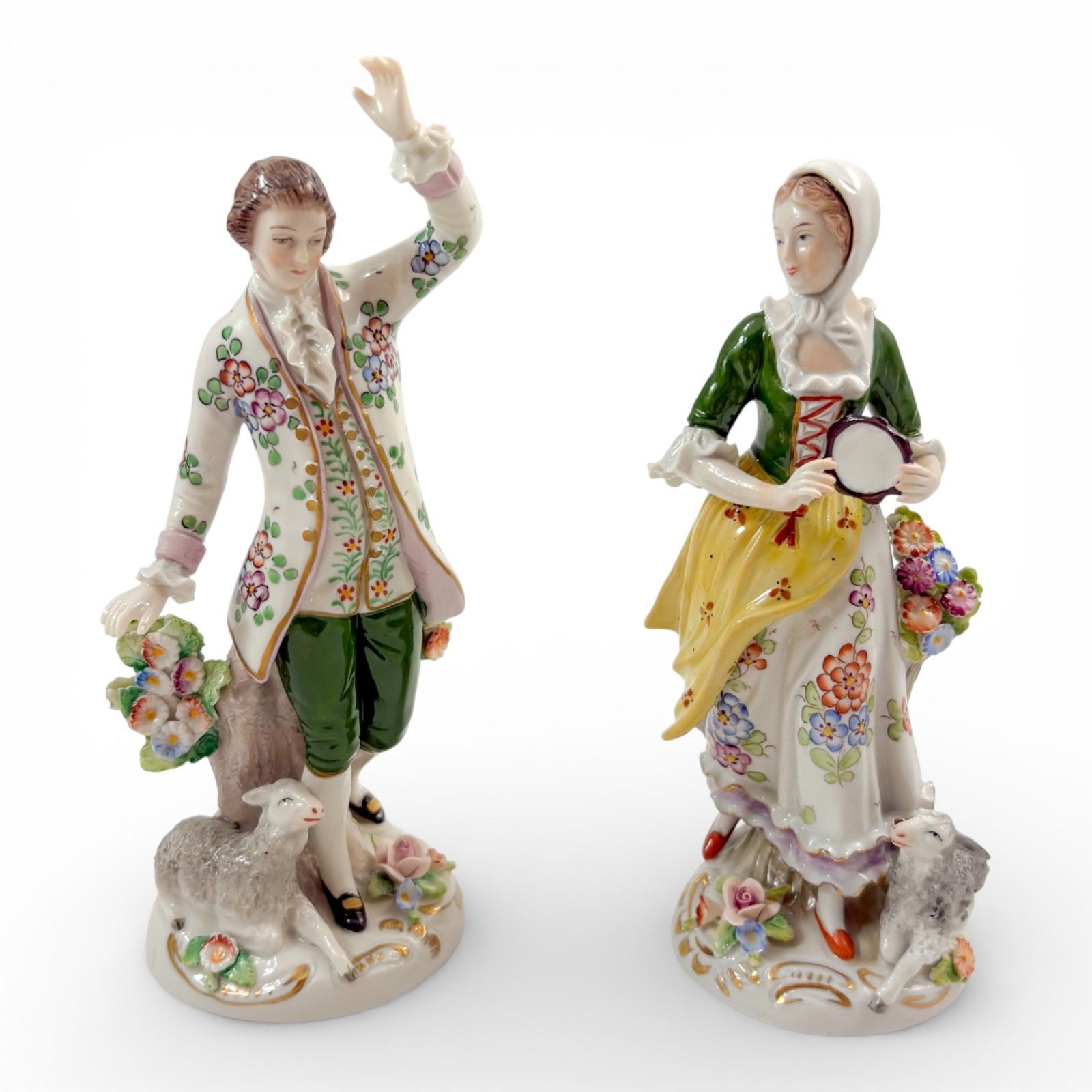 Antique Sitzendorf Porcelain Pastoral Figurines Couple With Lambs, C.1900