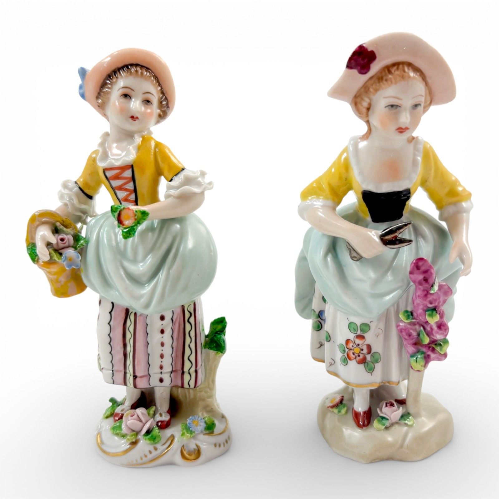 Antique German Sitzendorf Porcelain Flower Girl Figurines Pair, Rococo, C.1910's photo furniture