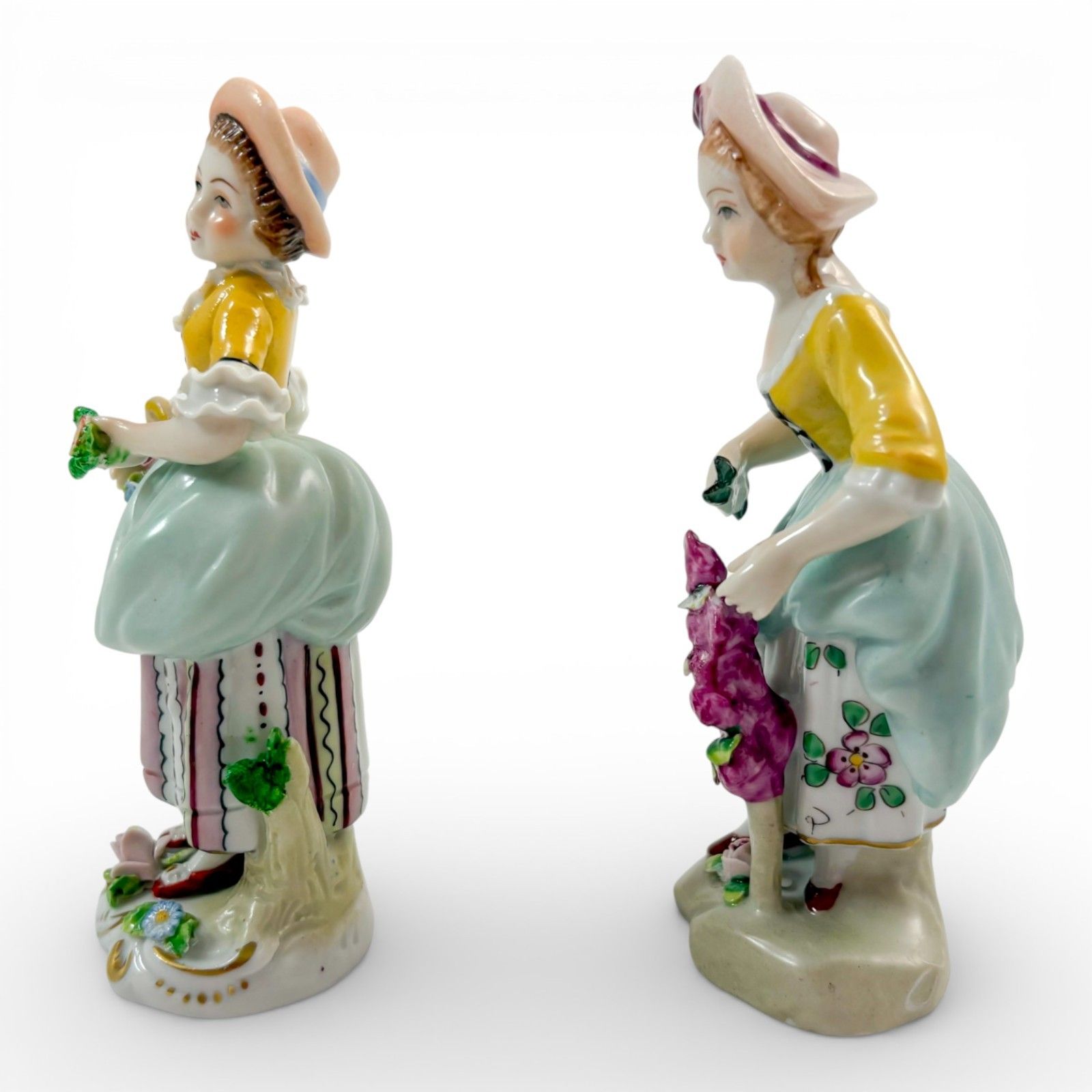 Antique German Sitzendorf Porcelain Flower Girl Figurines Pair, Rococo, C.1910's photo for sale