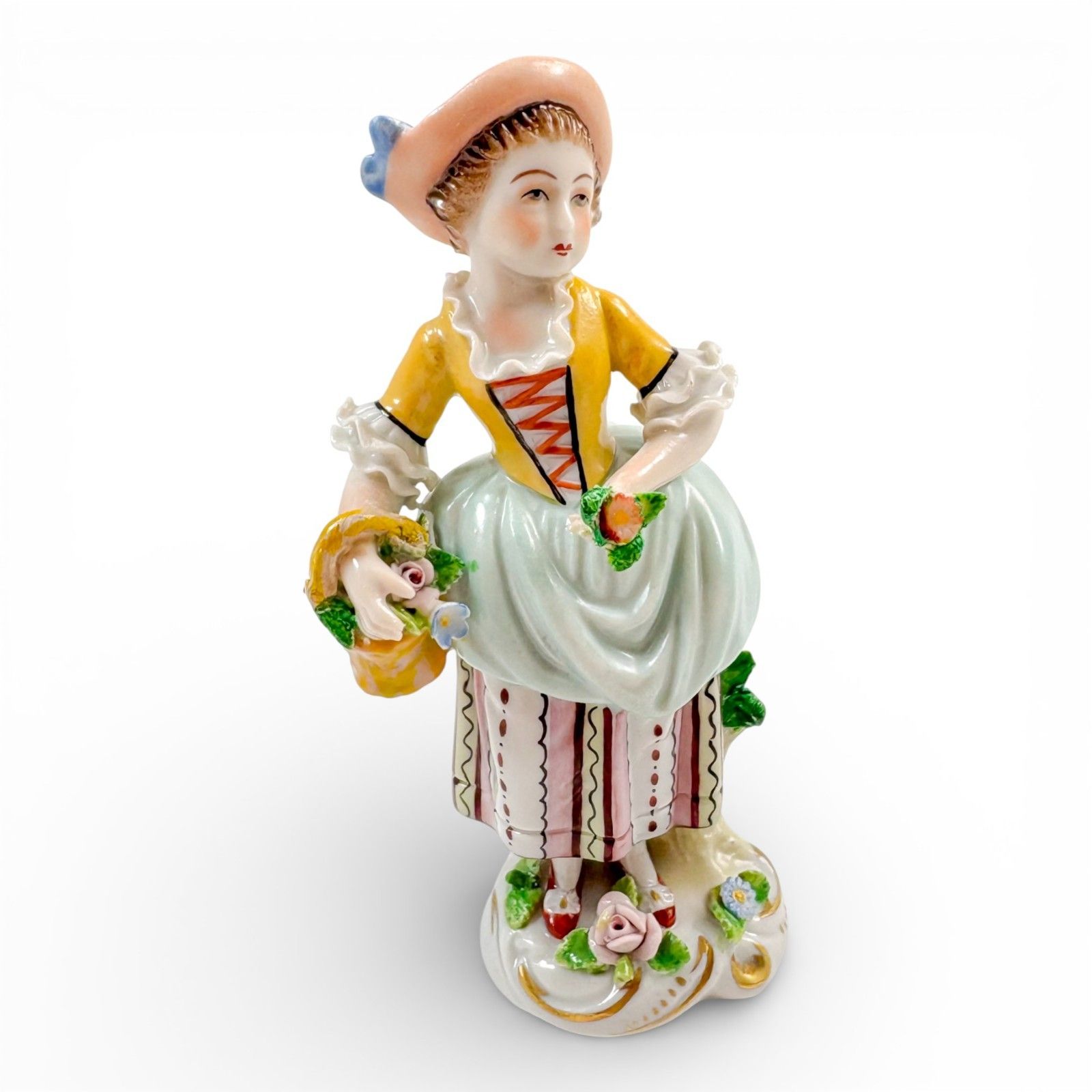 Antique German Sitzendorf Porcelain Flower Girl Figurines Pair, Rococo, C.1910's photo vinterior