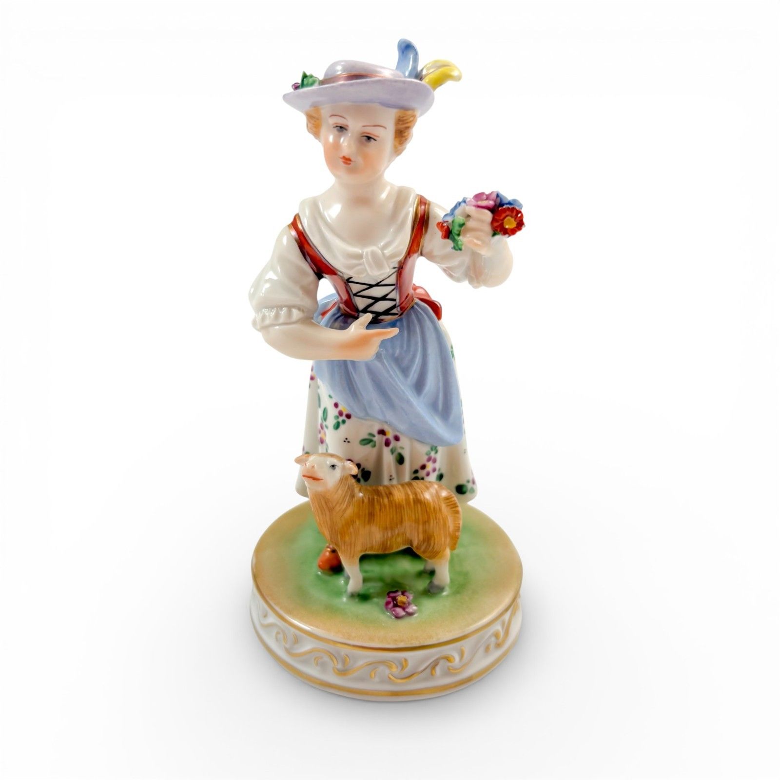 Carl Thieme Dresden Porcelain Shepherdess Figurine With Sheep Hand Painted 1930s photo furniture