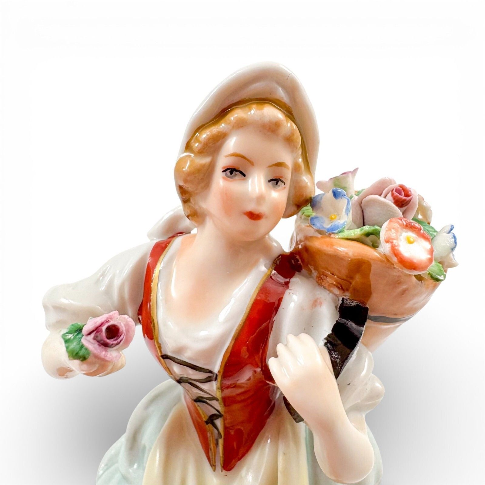Antique Sitzendorf Porcelain Flower Seller Figurine Antique German C.1920s photo vintage