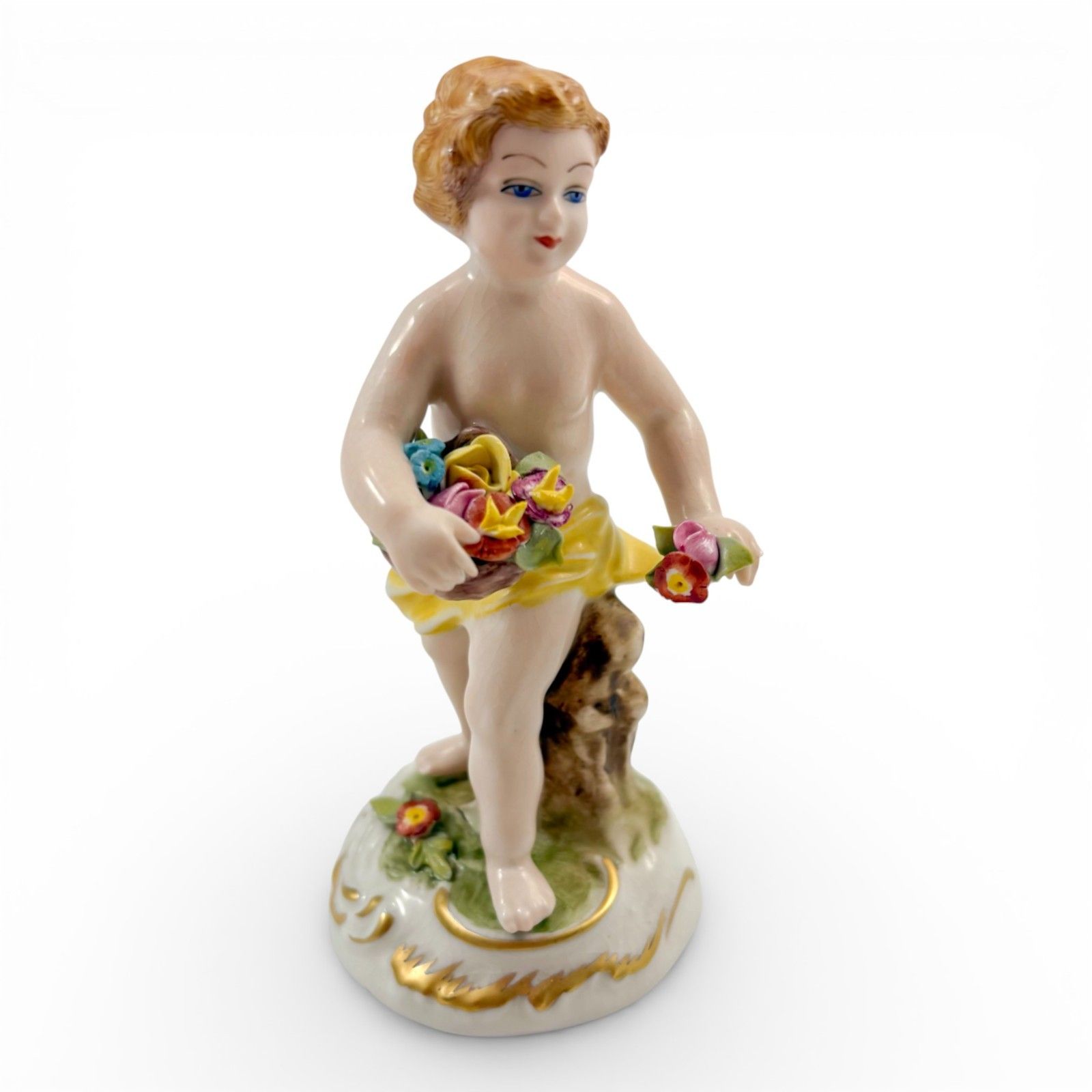 Antique German Porcelain Boy With Flower Basket Figurine, Dresden Style C.1900 photo furniture
