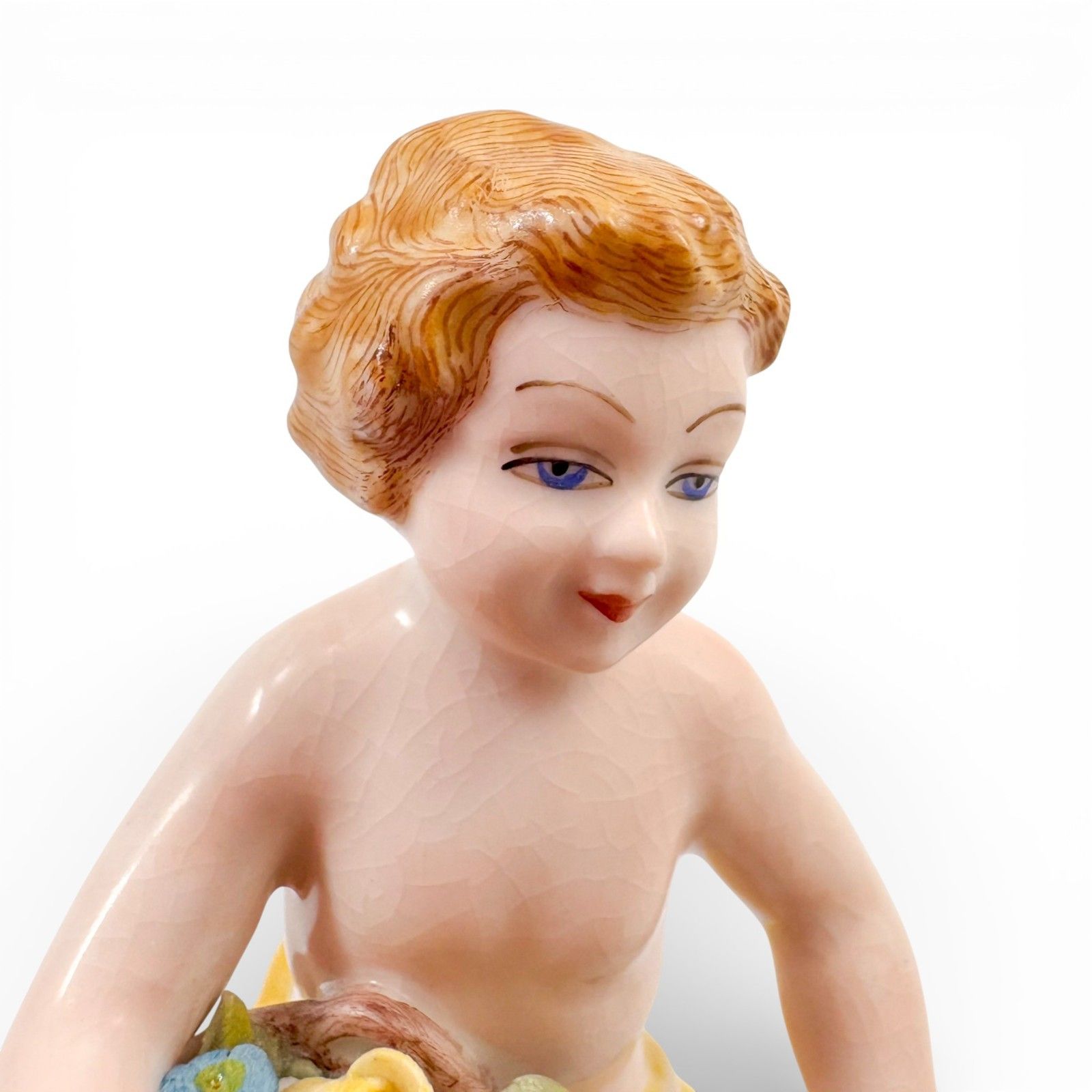 Antique German Porcelain Boy With Flower Basket Figurine, Dresden Style C.1900 photo vintage