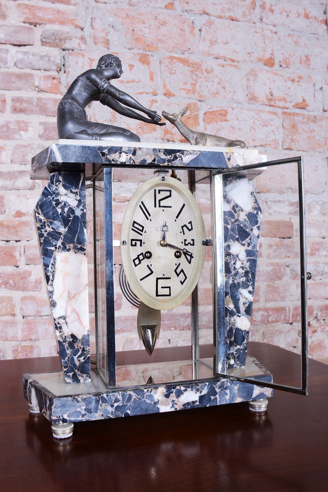 photo vintage Restored Art Deco Clock, Marble, Bronze, Glass, France. 1920s