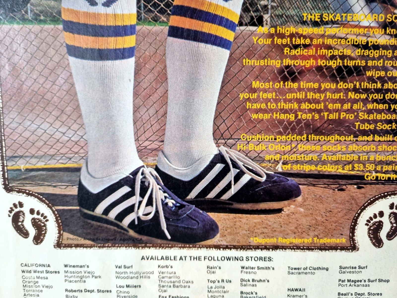 Vintage Skateboard Magazine Ad, Hang Ten Hosiery Print, Adidas Trainers, 1970s California Skate Culture, Mounted Wall Art photo furniture
