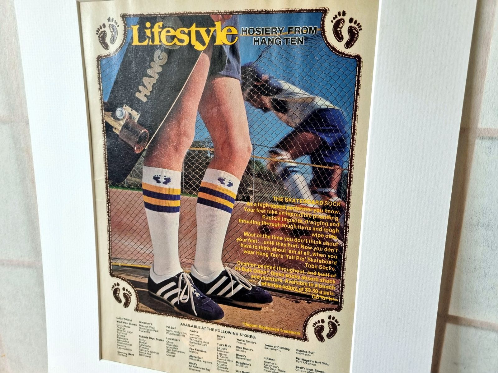 Vintage Skateboard Magazine Ad, Hang Ten Hosiery Print, Adidas Trainers, 1970s California Skate Culture, Mounted Wall Art photo for sale