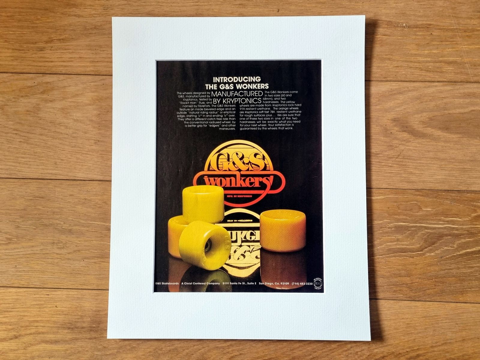 Vintage Skateboard Magazine Ad, G And S Wonkers Wheels Print, 1970s California Skateboarding, Mounted Wall Art photo 125.0