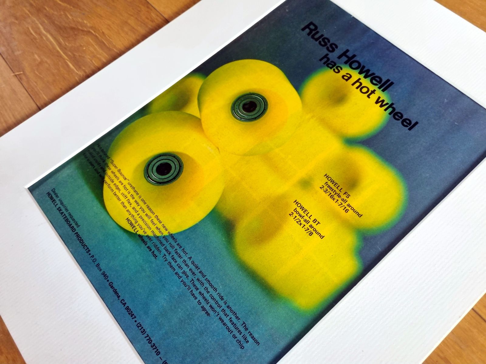 Vintage Skateboard Magazine Ad, Howell Skateboard Wheels Print, Russ Howell Pro Model, 1970s Skateboarding, Mounted Wall Art photo for sale