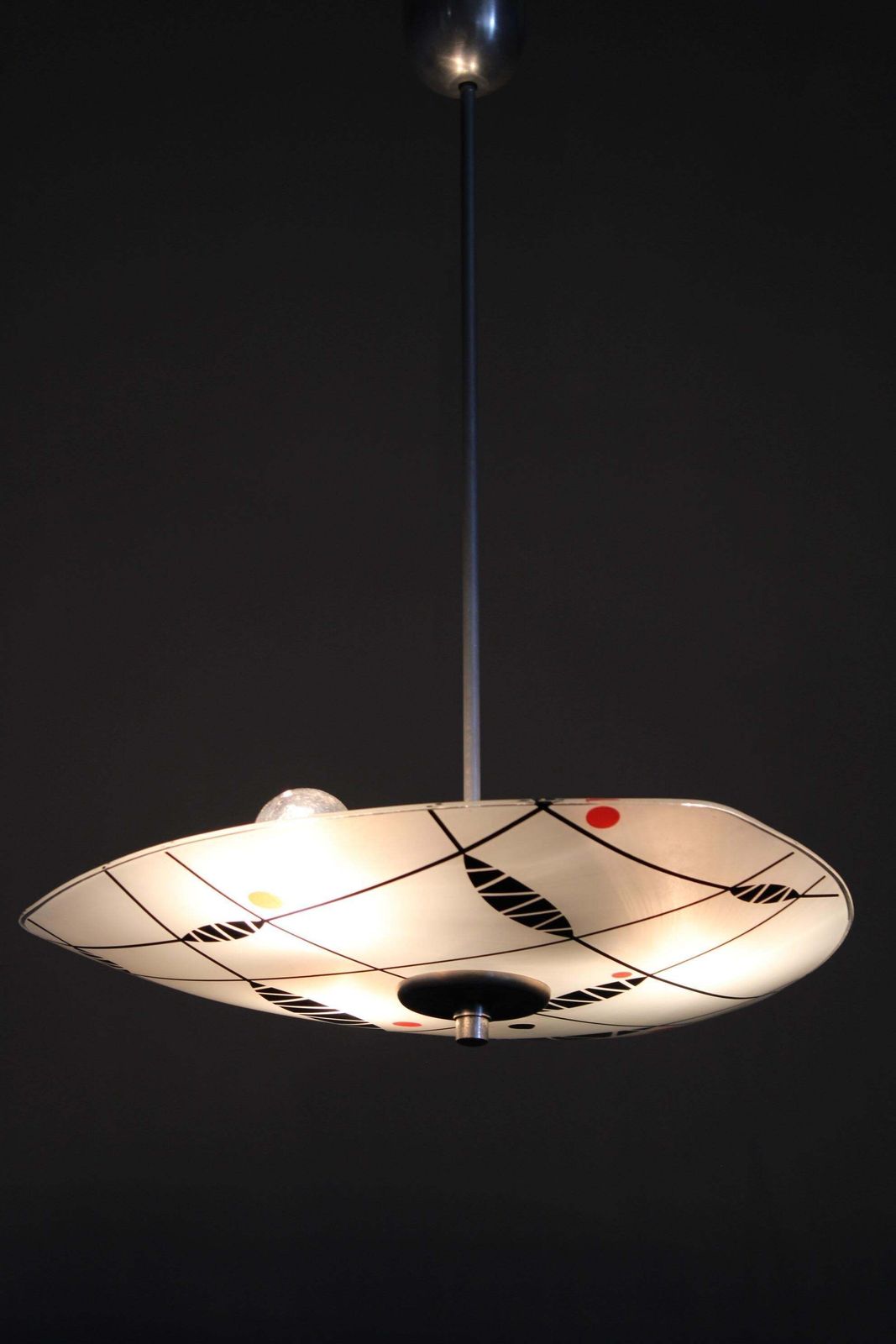 Mid Century Pendant Chandelier, Chromed Metal And Glass, Czechoslovakia 1970s photo vintage