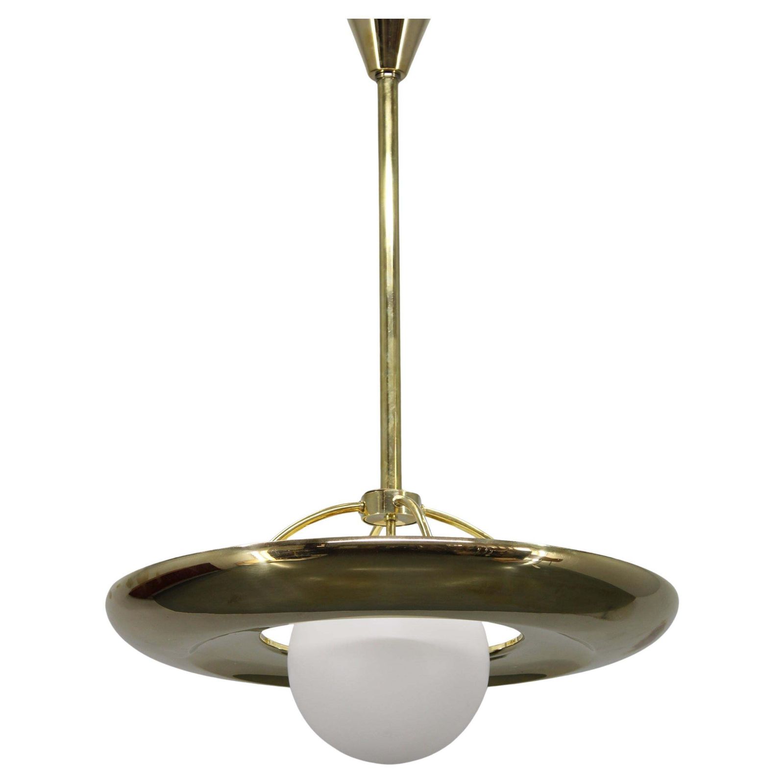 Art Deco Brass Chandelier With White Glass, Czechoslovakia 1930s