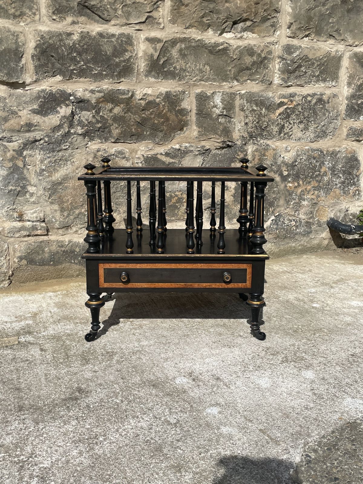 Victorian Ebonised Canterbury With Single Freeze Draw, Inlayed With Burr Walnut And Turned Handles