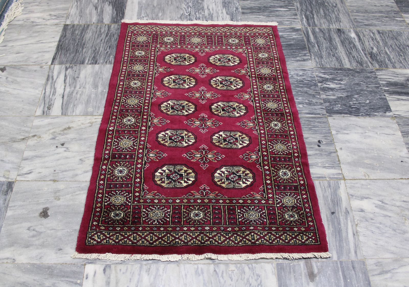 Red Tribal Bokhara Rug – Hand Knotted Geometric Carpet