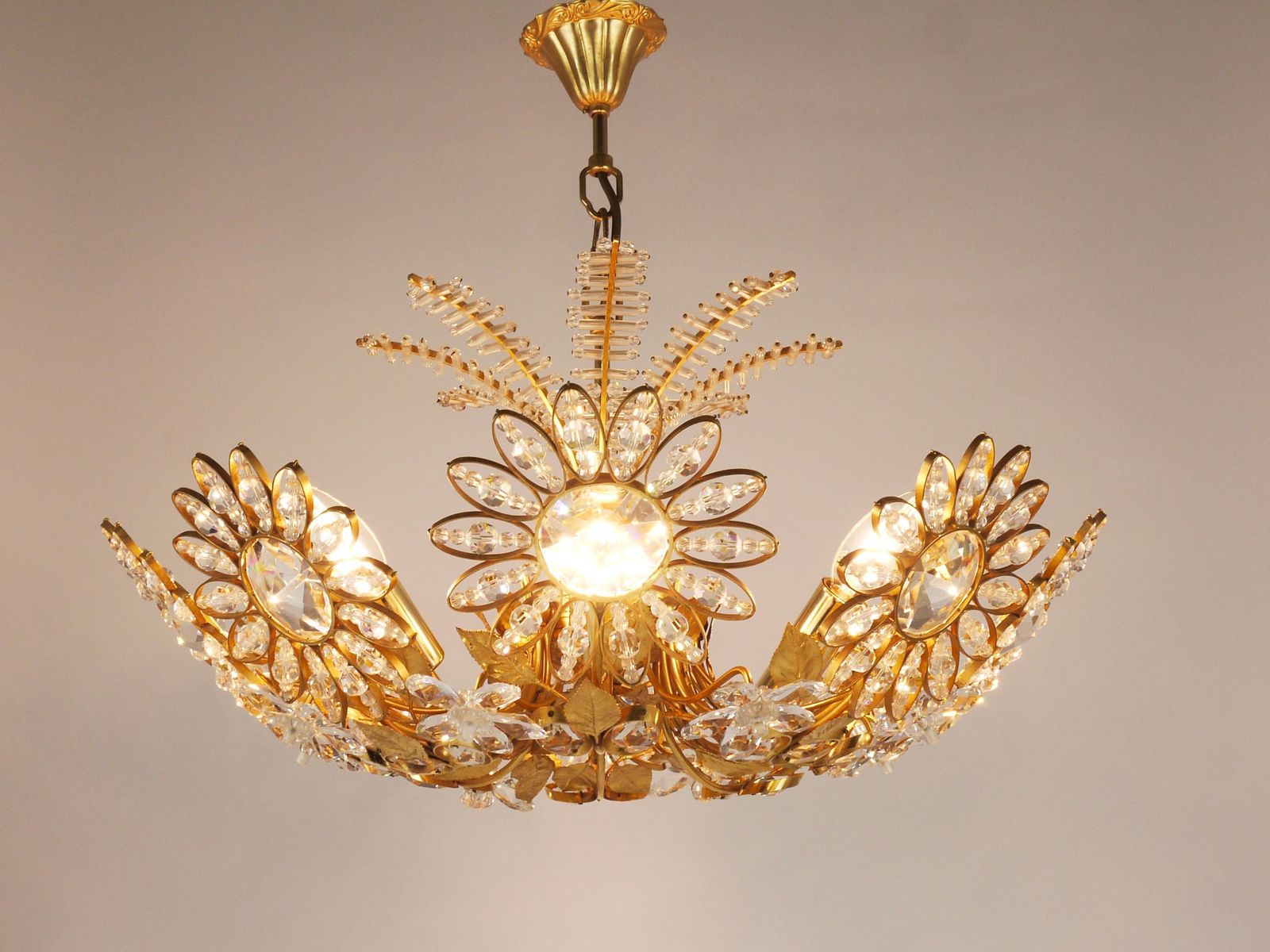 Ernst Palme Large Palwa Flower Palm Tree Chandelier, Gilt Brass, Crystals, 1970s photo for sale