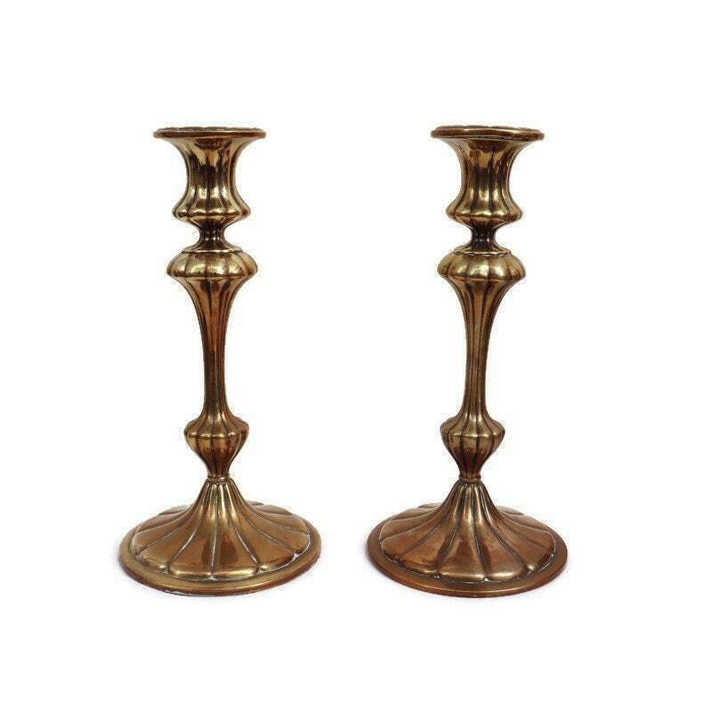 Antique Continental Brass Candlesticks Holders Pair H 9.7'', Large Antique Candle Holders. photo for sale