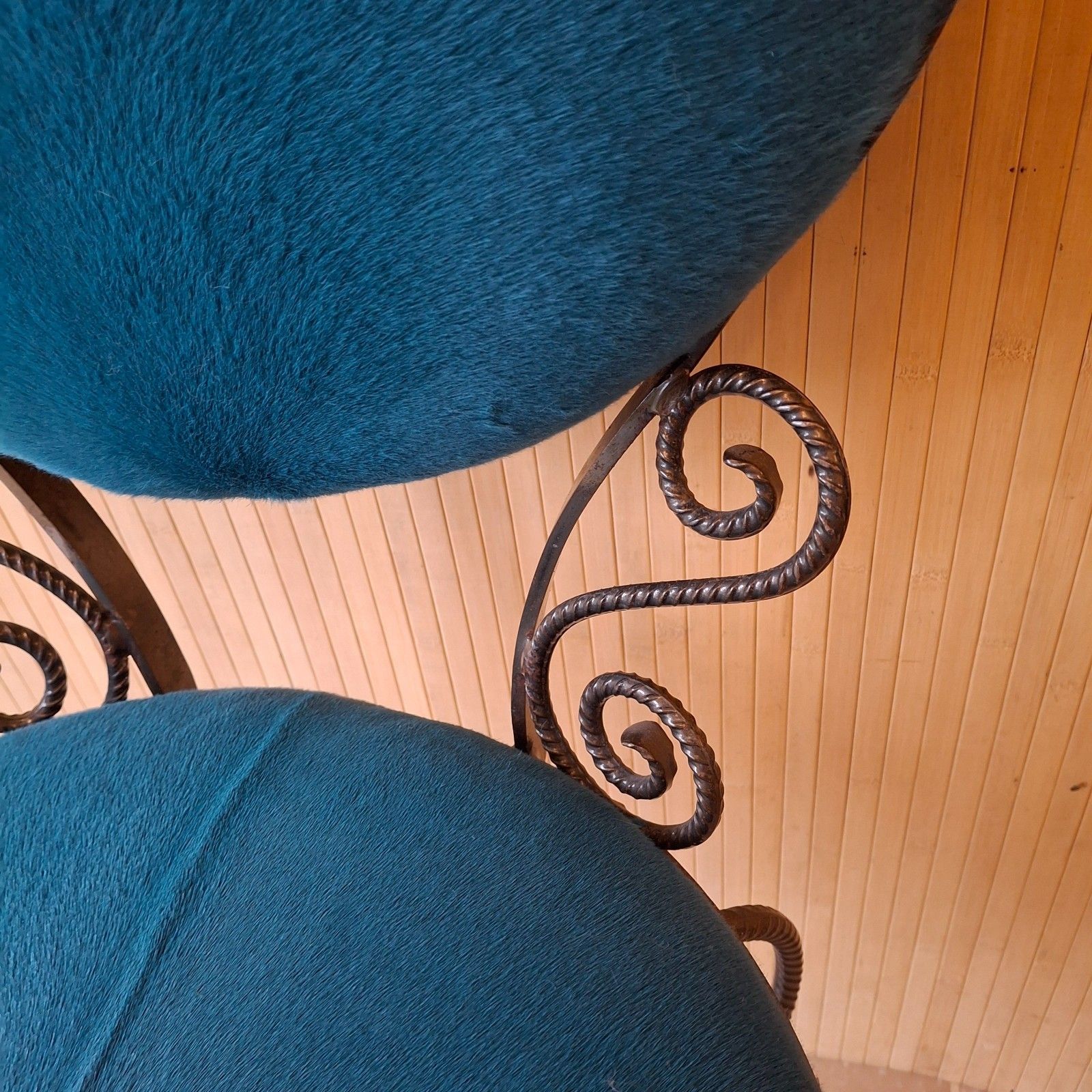 Fab Vintage Retro Dark Turquoise Blue Goatskin & Wool Boudoir Chair Iron Frame photo buy
