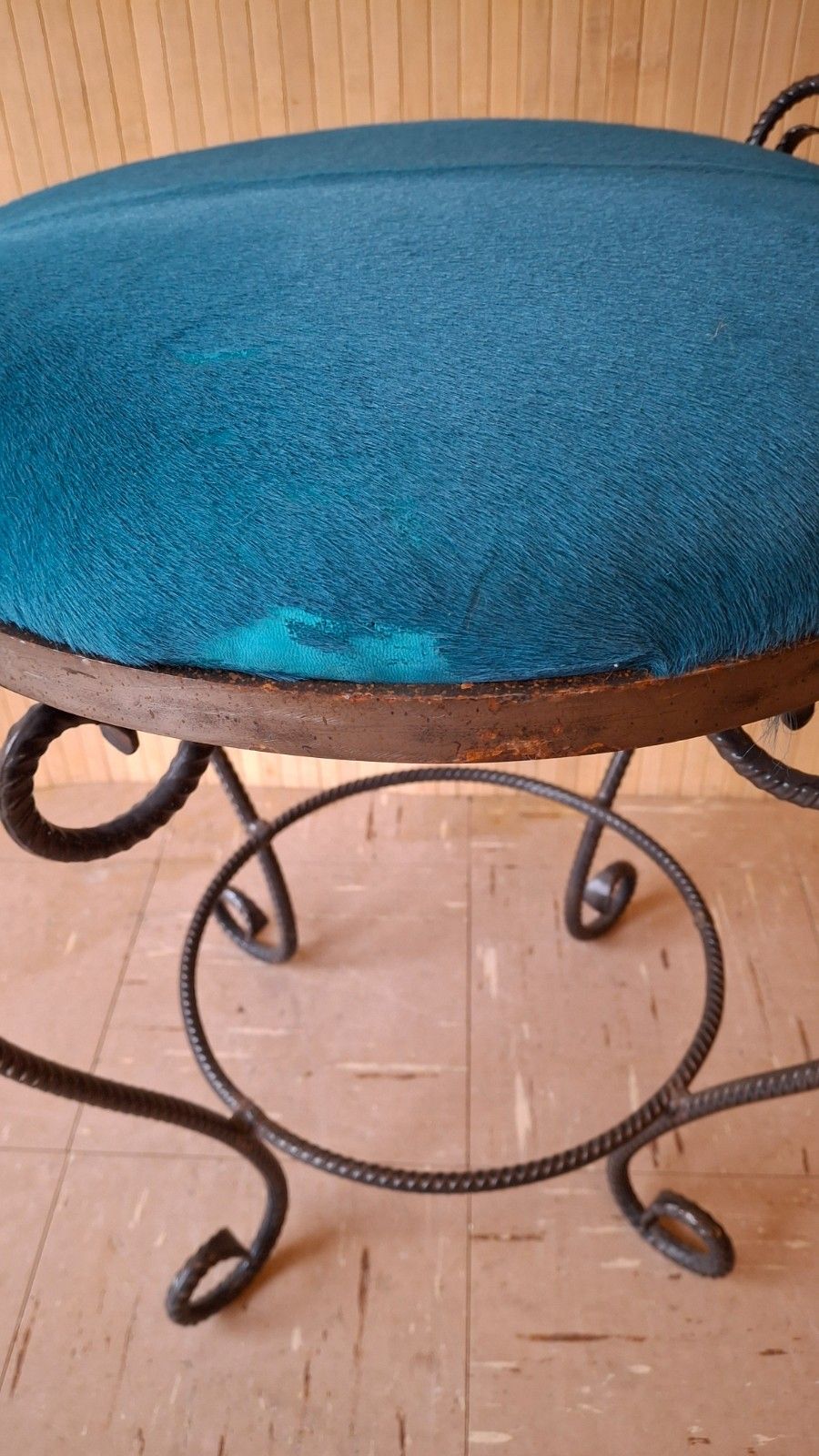photo buy Fab Vintage Retro Dark Turquoise Blue Goatskin & Wool Boudoir Chair Iron Frame