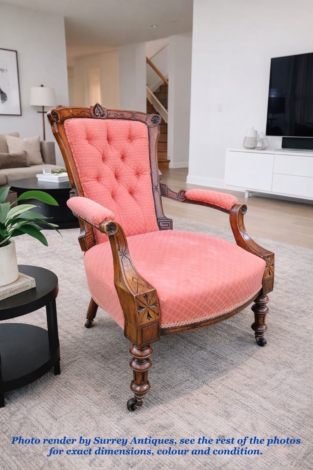 Victorian Walnut Button Back Open Armchair, Circa 1880 photo vintage