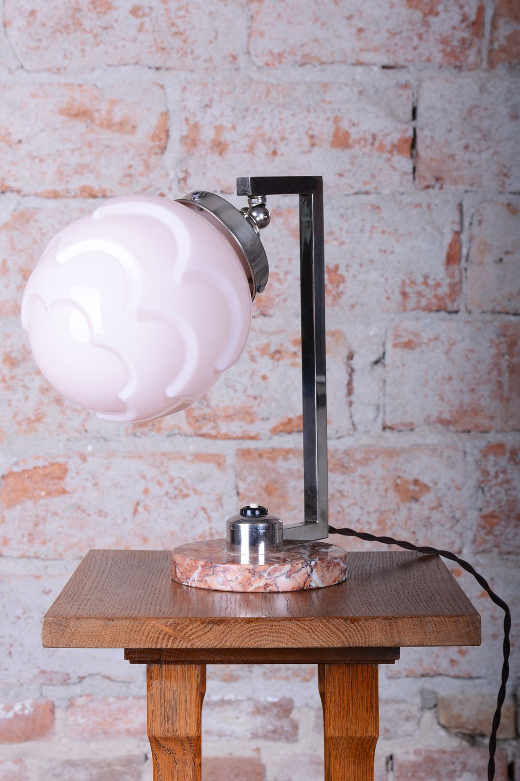 Restored Bauhaus Table Lamp, Marble, Opaline Glass, Chrome, France, 1920s photo vinterior