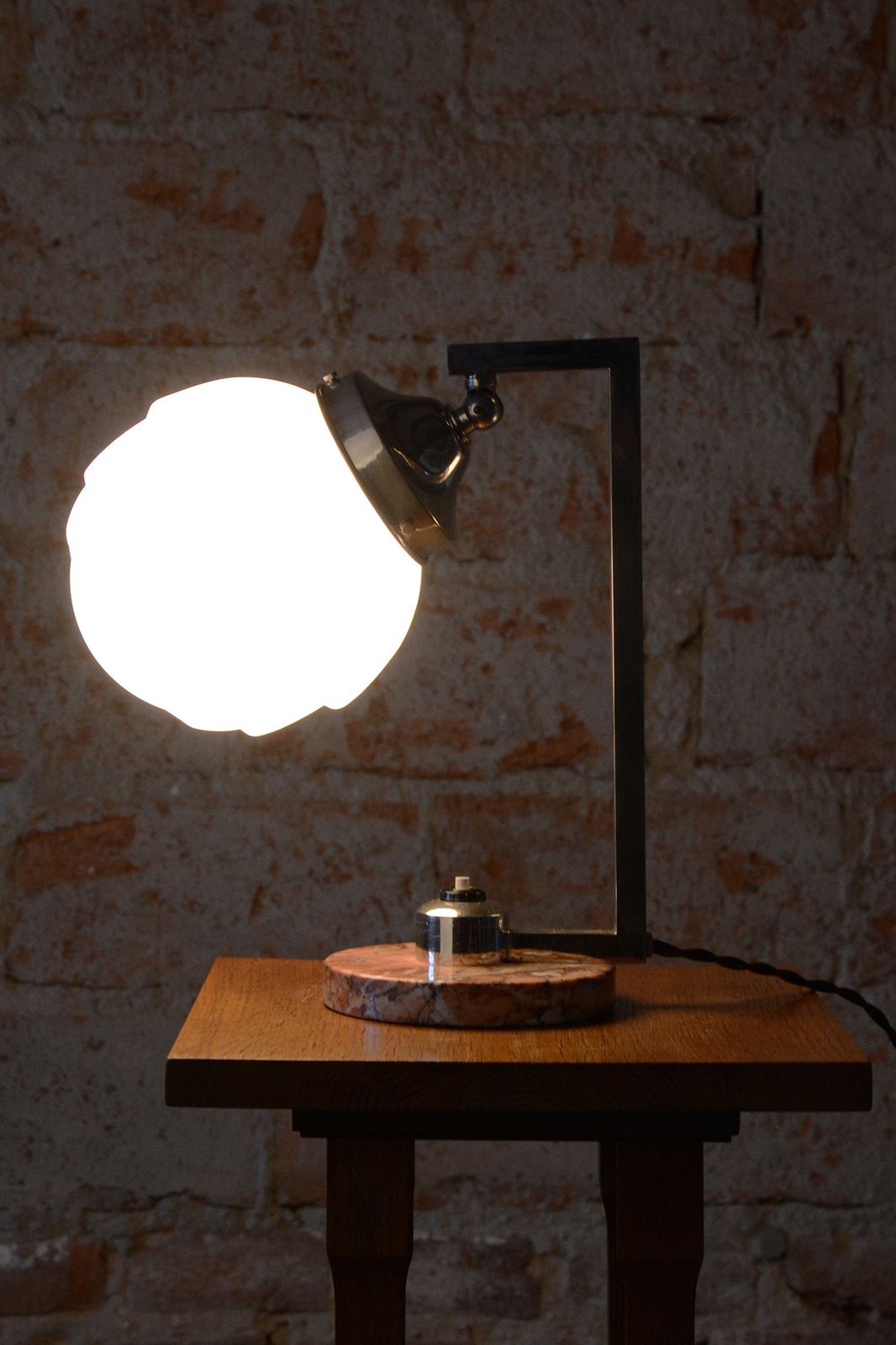 Restored Bauhaus Table Lamp, Marble, Opaline Glass, Chrome, France, 1920s photo buy