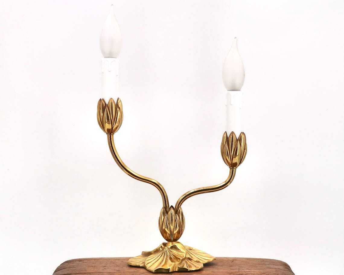 French Bronze Waterlily Table Lamp By Lucien Gau 1990s  End Table Lighting Bedroom Light Hollywood Regency Floral Home Decor Desk