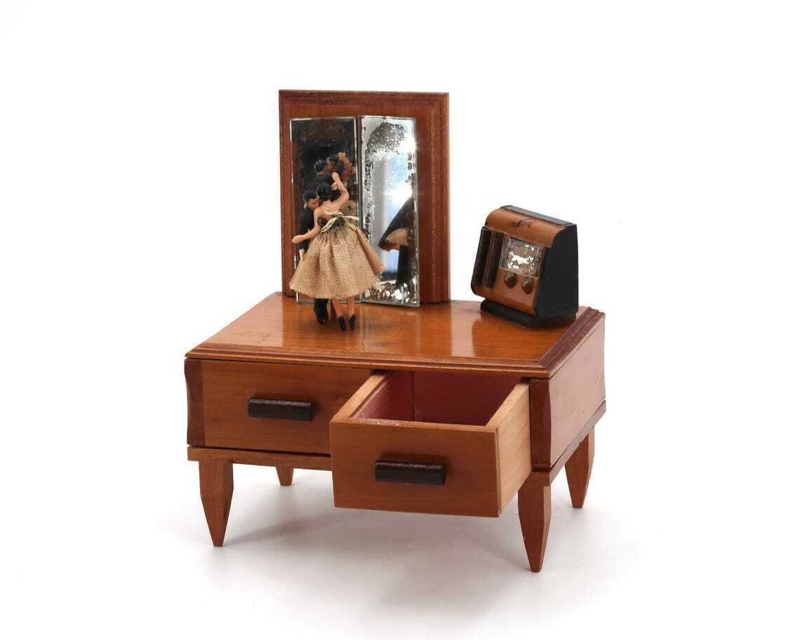 French Musical Jewelry Box With Dancers In The Shape Of A Dressing Table 1950s  Music Musician Dance Home Decor Collectible Nice City photo furniture