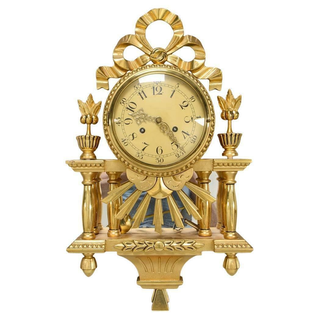 Antique Swedish Gustavian Signed Wall Clock Gilt 1900, Rococo Golden Clock