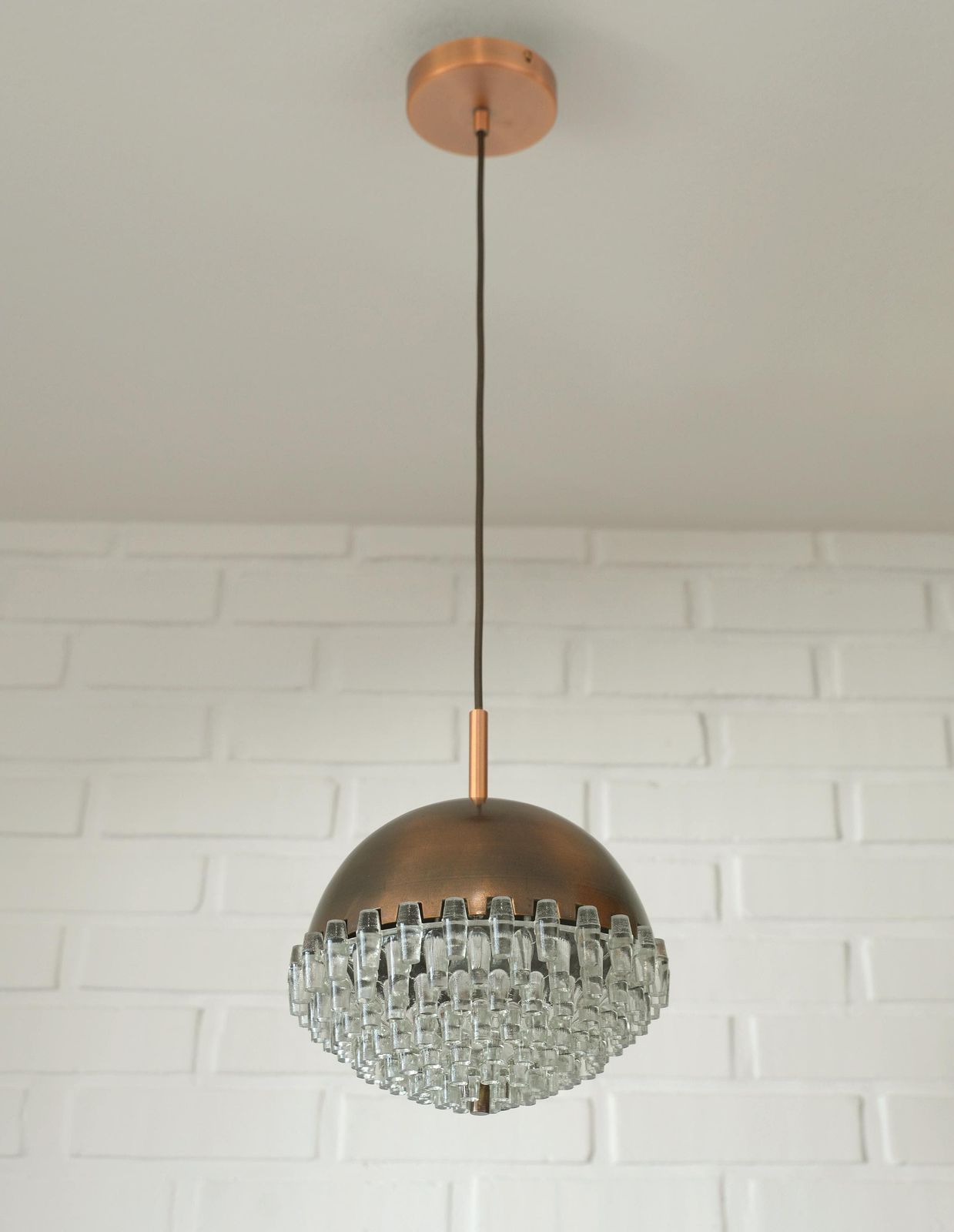 1/4 Vintage Glass Pendant Light / Brutalist Copper Bar Lamps / Mid Century Modern 1970's photo Lighting
