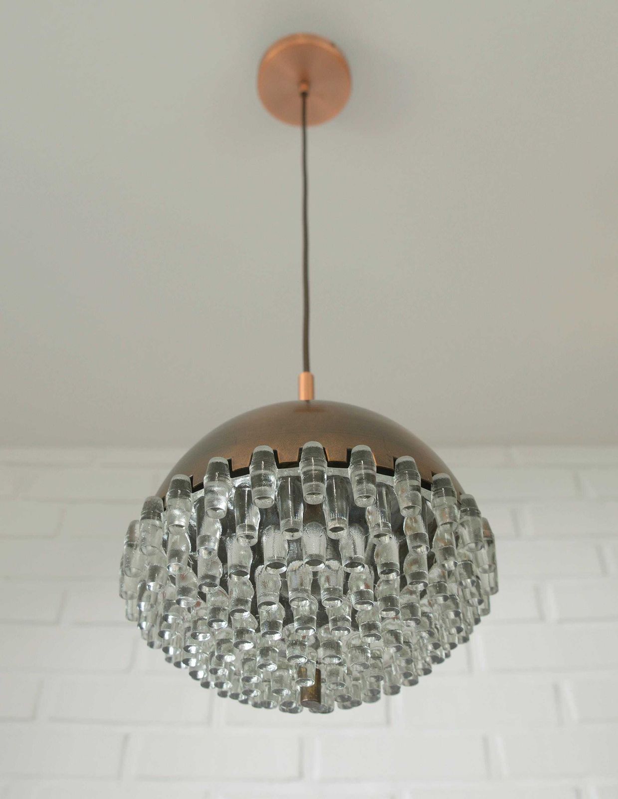 photo vinterior 1/4 Vintage Glass Pendant Light / Brutalist Copper Bar Lamps / Mid Century Modern 1970's