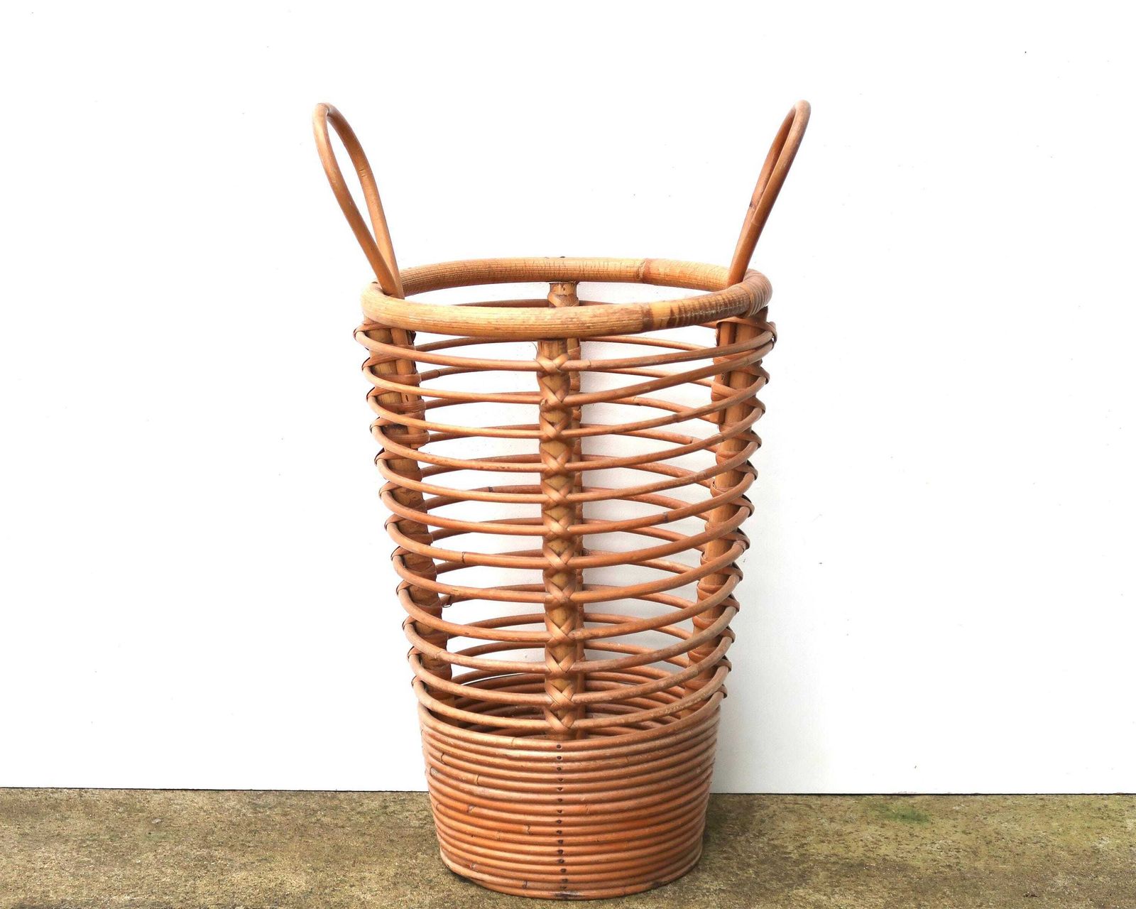 French Bamboo And Rattan Umbrella Stand Holder With Handles, 1970s / Entryway, Furniture, Natural, Basket