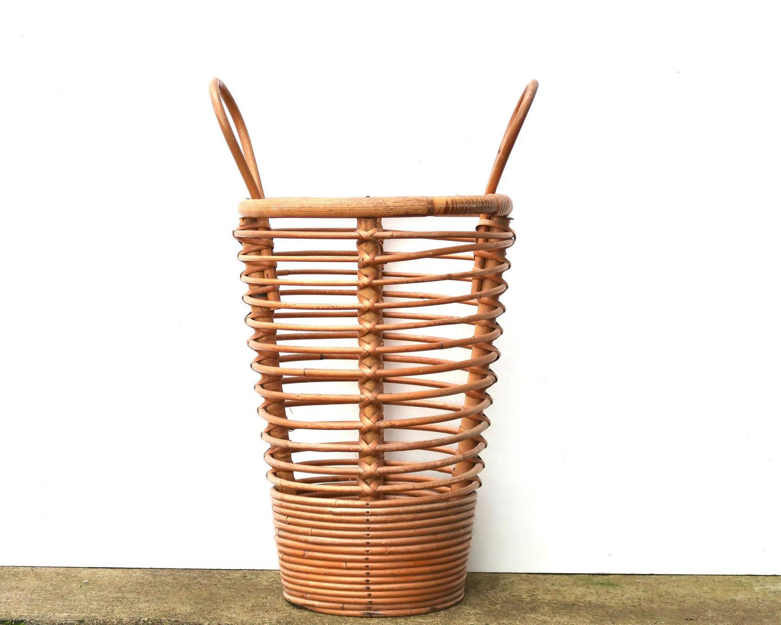 French Bamboo And Rattan Umbrella Stand Holder With Handles, 1970s / Entryway, Furniture, Natural, Basket photo furniture
