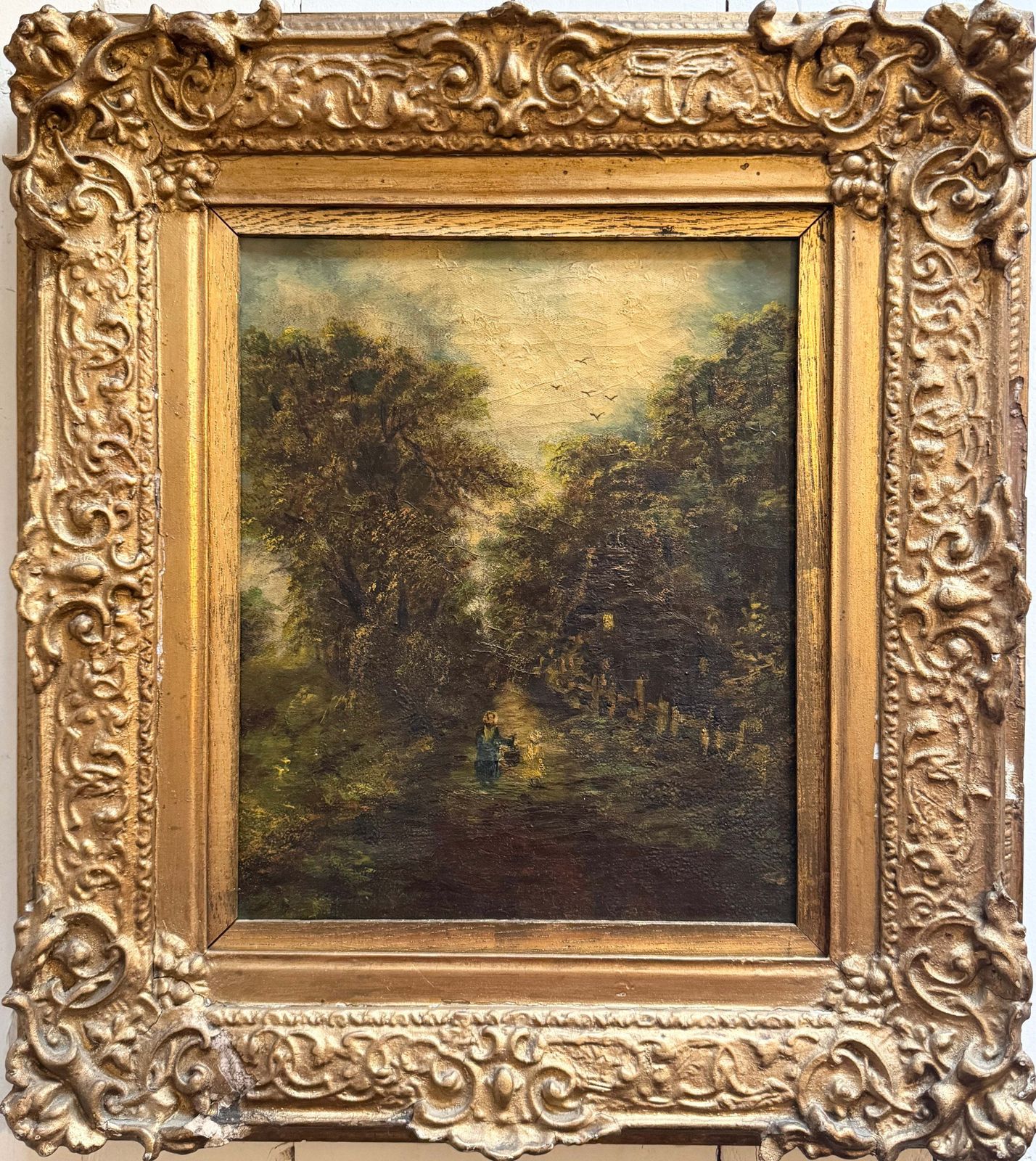 Woodland Motherhood. Antique Early 1800s Oil Painting.
