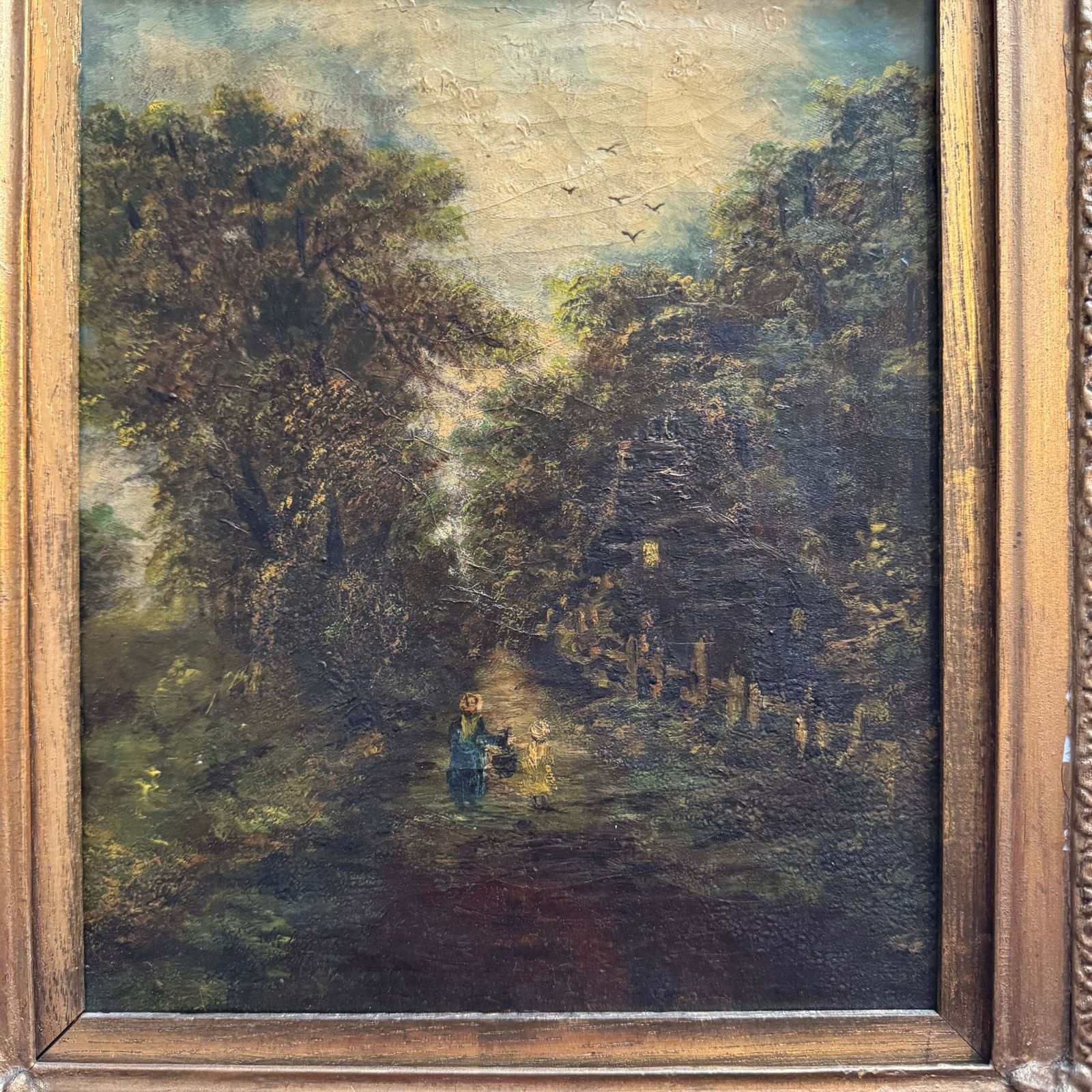 Woodland Motherhood. Antique Early 1800s Oil Painting. photo furniture