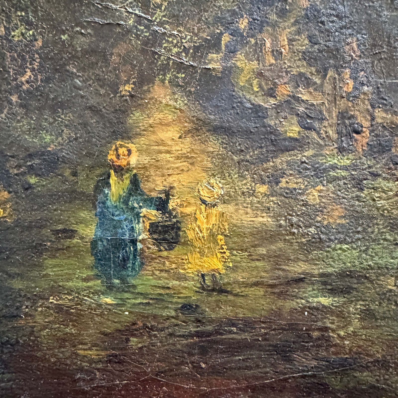 Woodland Motherhood. Antique Early 1800s Oil Painting. photo Art