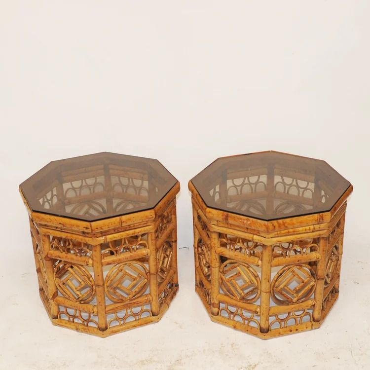 Hexagonal Bamboo Side Tables With Smoked Glass Top  1970s  Set Of 3 photo for sale