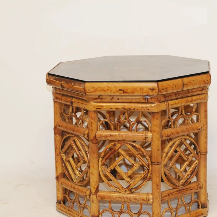 Hexagonal Bamboo Side Tables With Smoked Glass Top  1970s  Set Of 3 photo Furniture