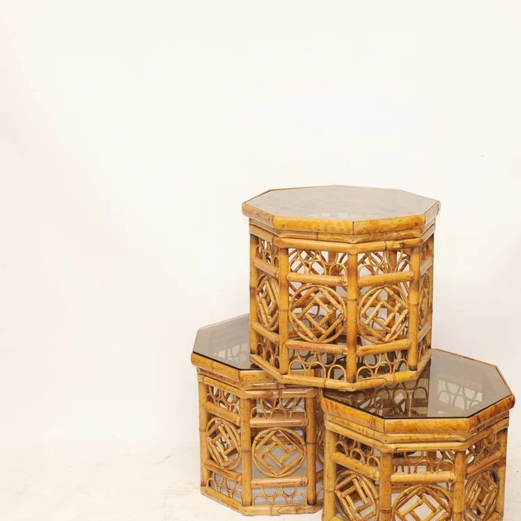Hexagonal Bamboo Side Tables With Smoked Glass Top  1970s  Set Of 3 photo vintage