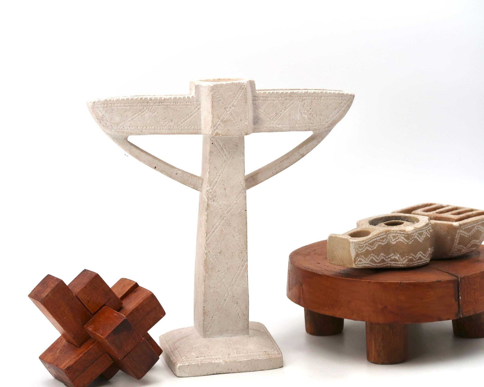 Moroccan Carved Stone Candle Holder Sculpture, 1970s / Candleholder, White Beige Grey, Minimalist, Vernacural, Home Decor photo 261.0