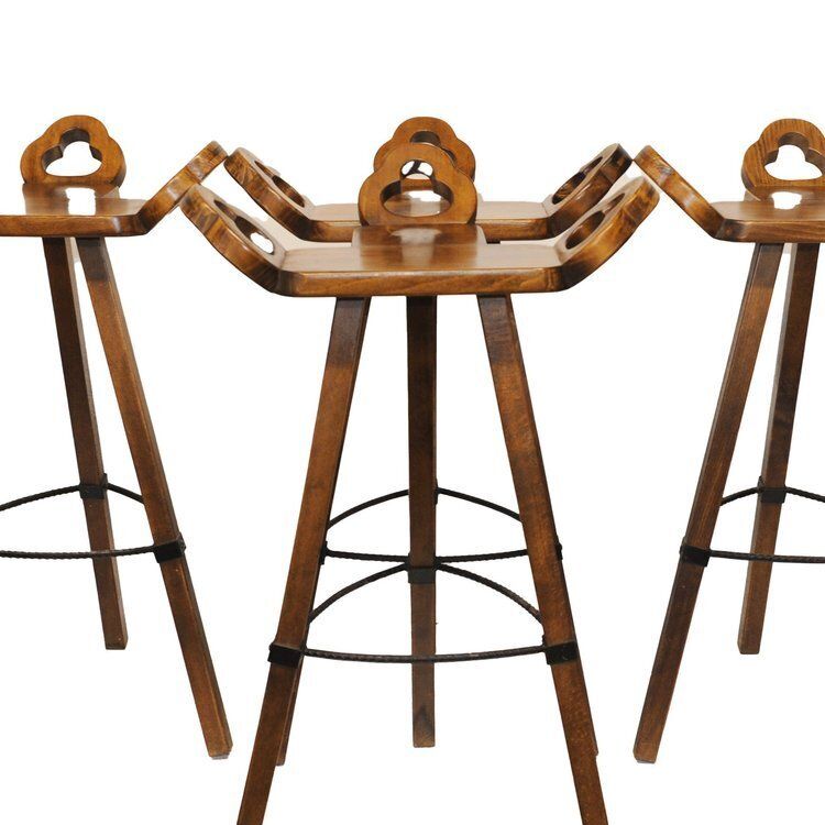 Brutalist Marbella Style Beech Bar Stools By Viriato Gomez For Toledo 1970s Set Of 4 photo Furniture