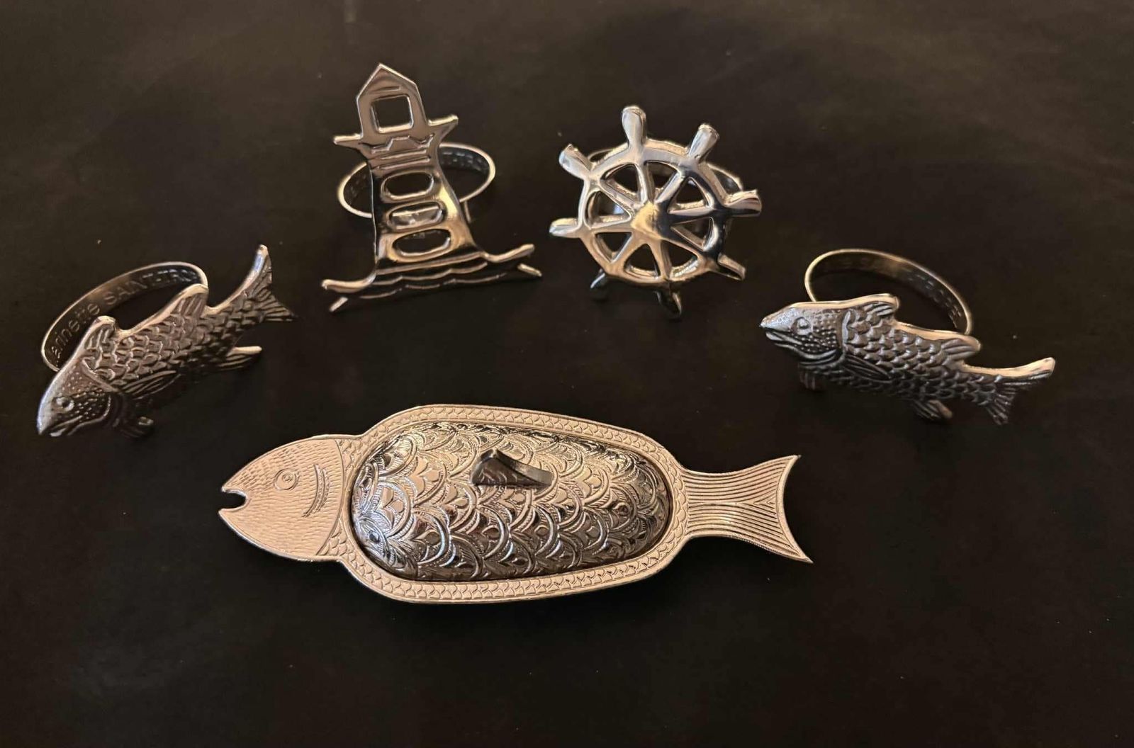Marine De Saint Tropez Coastal Napkin Rings, Fish Box, Beach Table Decor, Set Of 5 photo vintage
