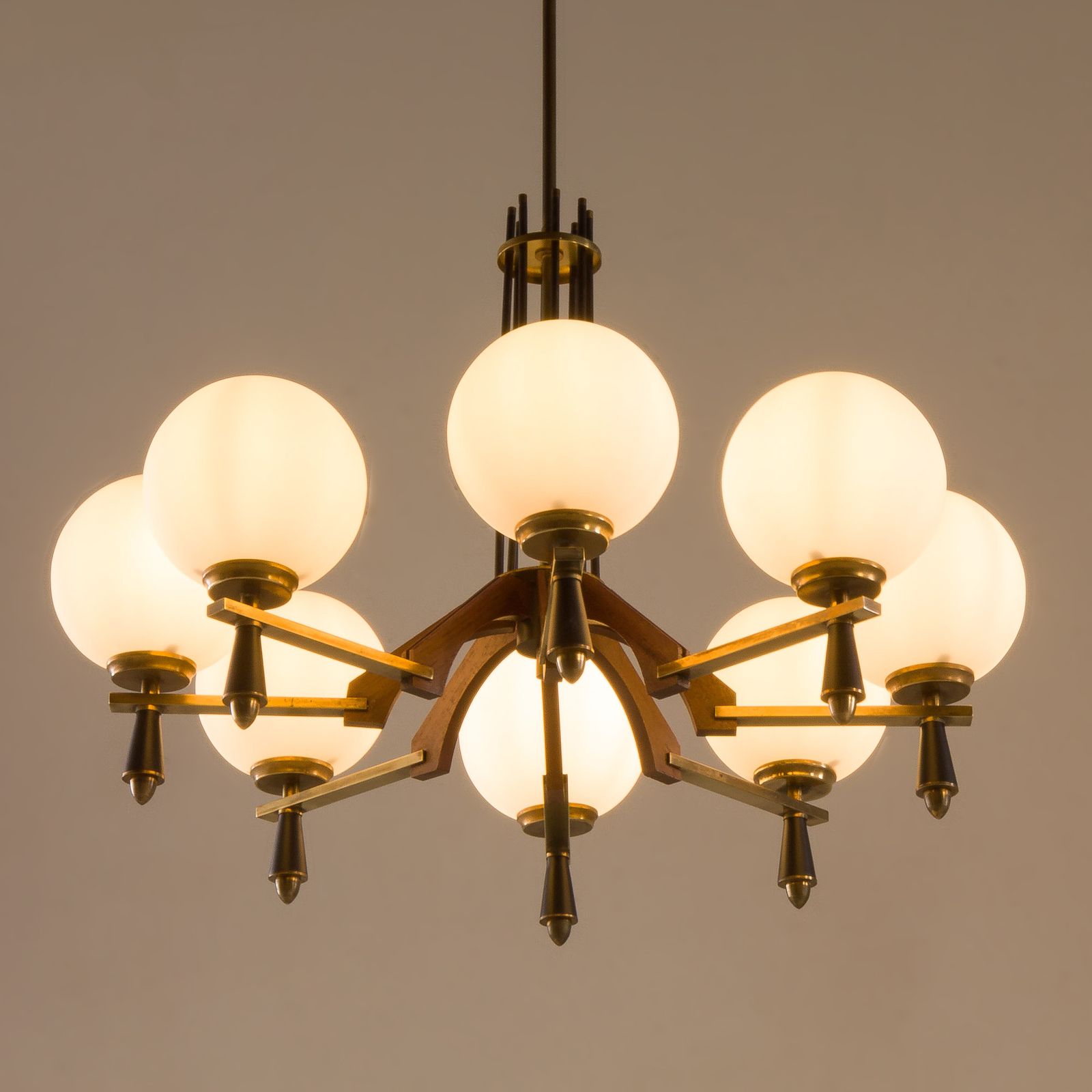 Italian Mid Century Chandelier In Brass And Teak, 1960s photo for sale