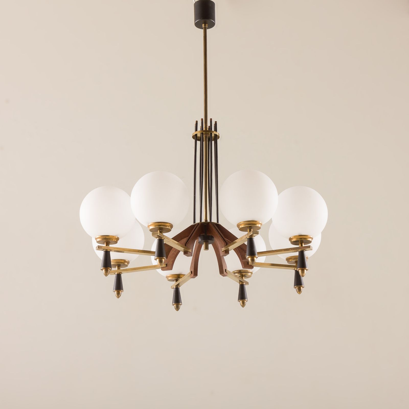 Italian Mid Century Chandelier In Brass And Teak, 1960s photo Lighting