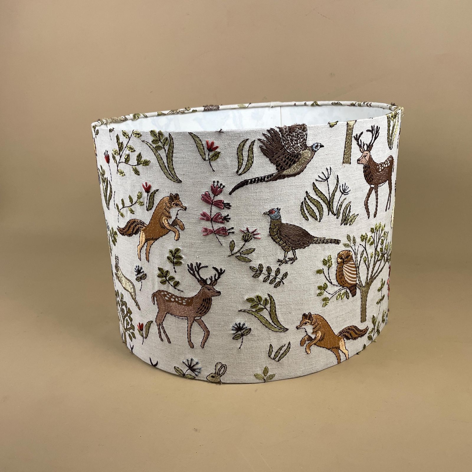 Designer Linen Bramble Wood Fabric Animal Lamp Shade Lampshade Drum Ceiling Large Lamp Shade Animals Voyage Maison Woodland Embroidered photo for sale