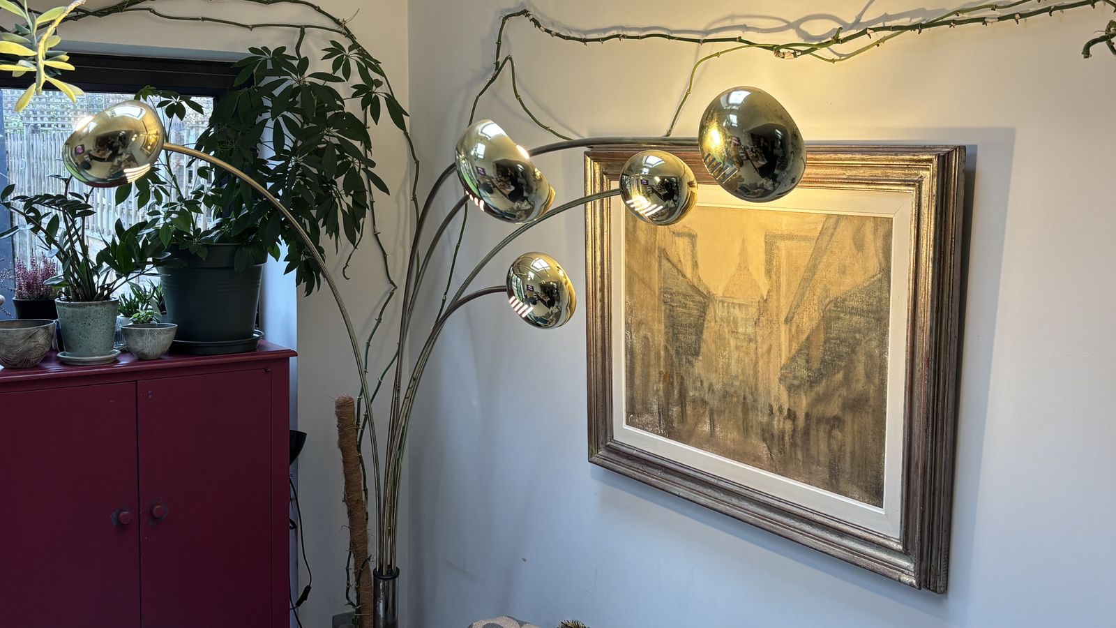 Vintage Swedish 5 Arm Brass & White/Grey Marble Cottex Floor Lamp, Circa 1980s photo vintage