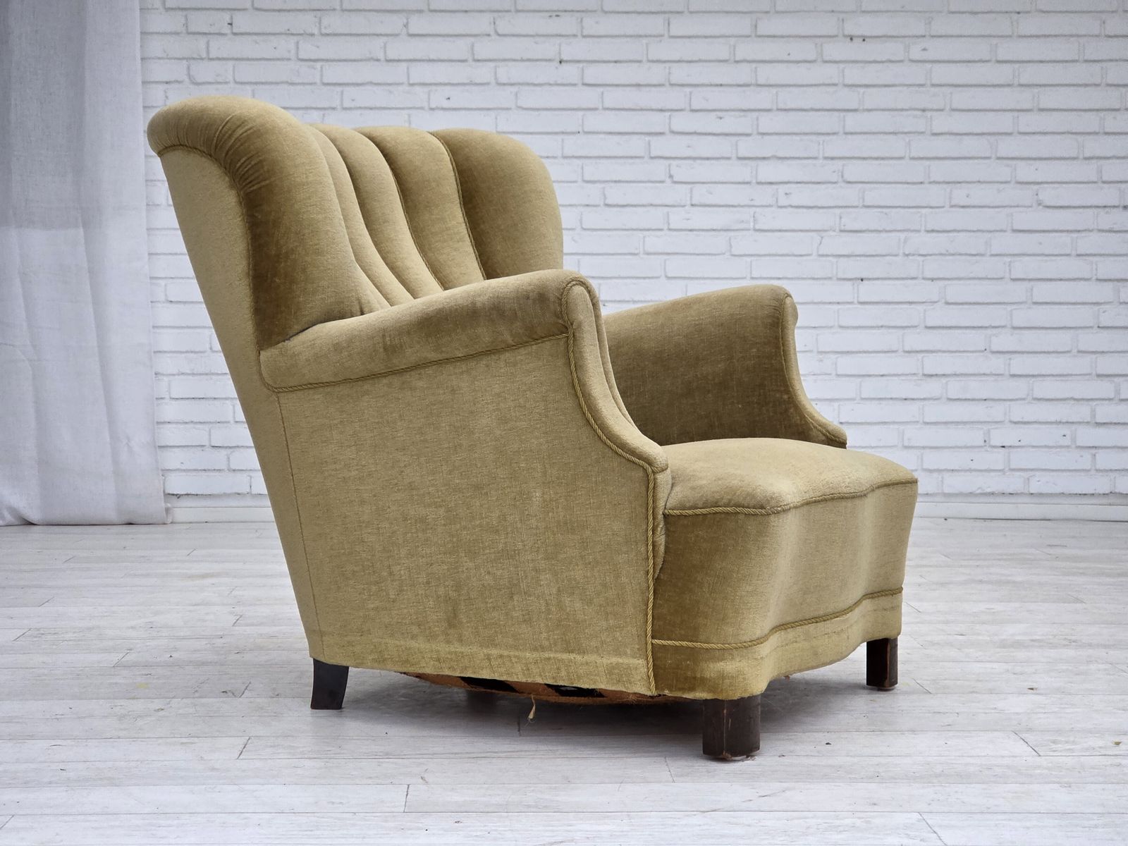 1960s, Danish Armchair, Green Furniture Velour, Oak Wood. photo furniture
