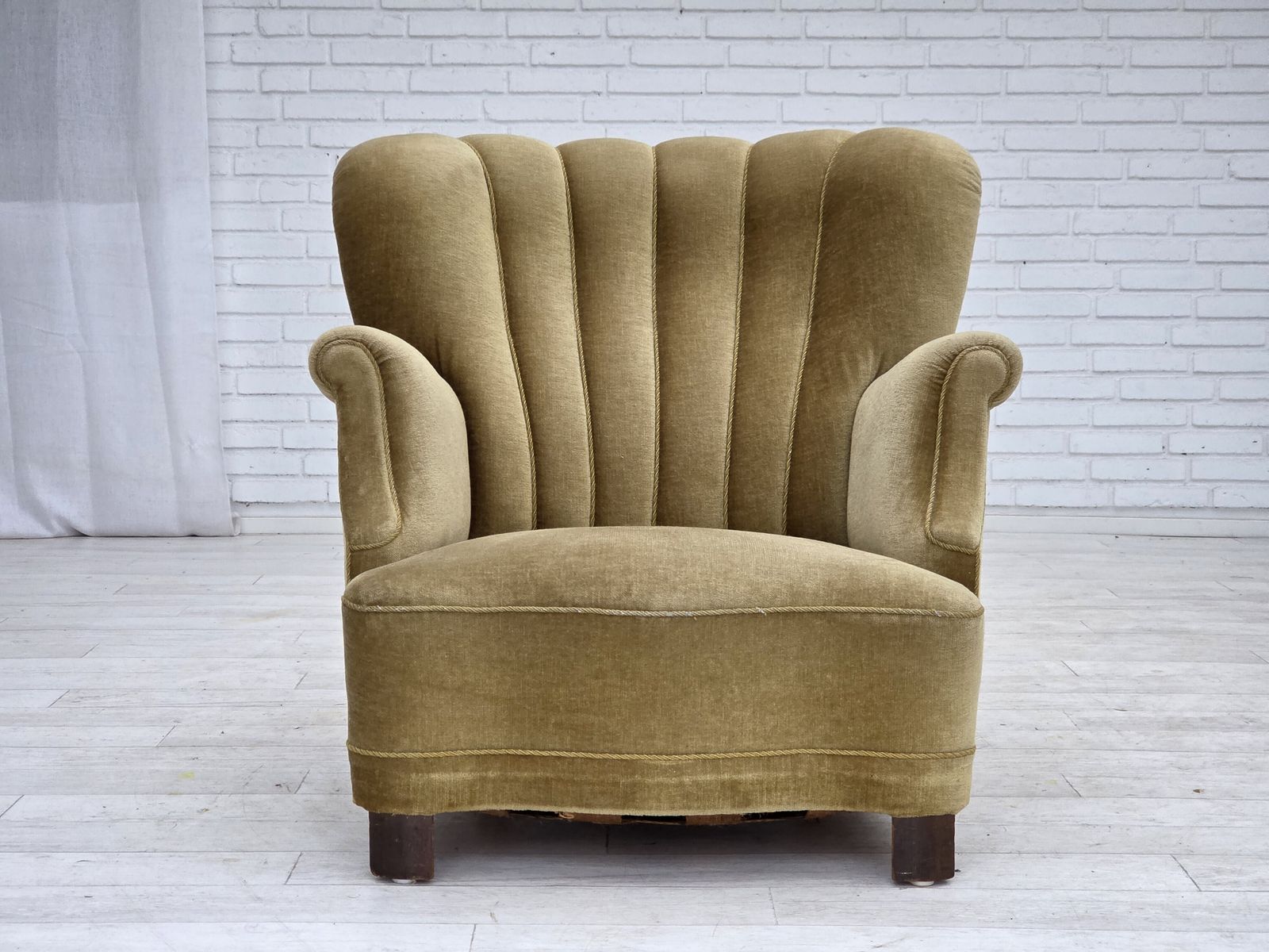 1960s, Danish Armchair, Green Furniture Velour, Oak Wood. photo for sale