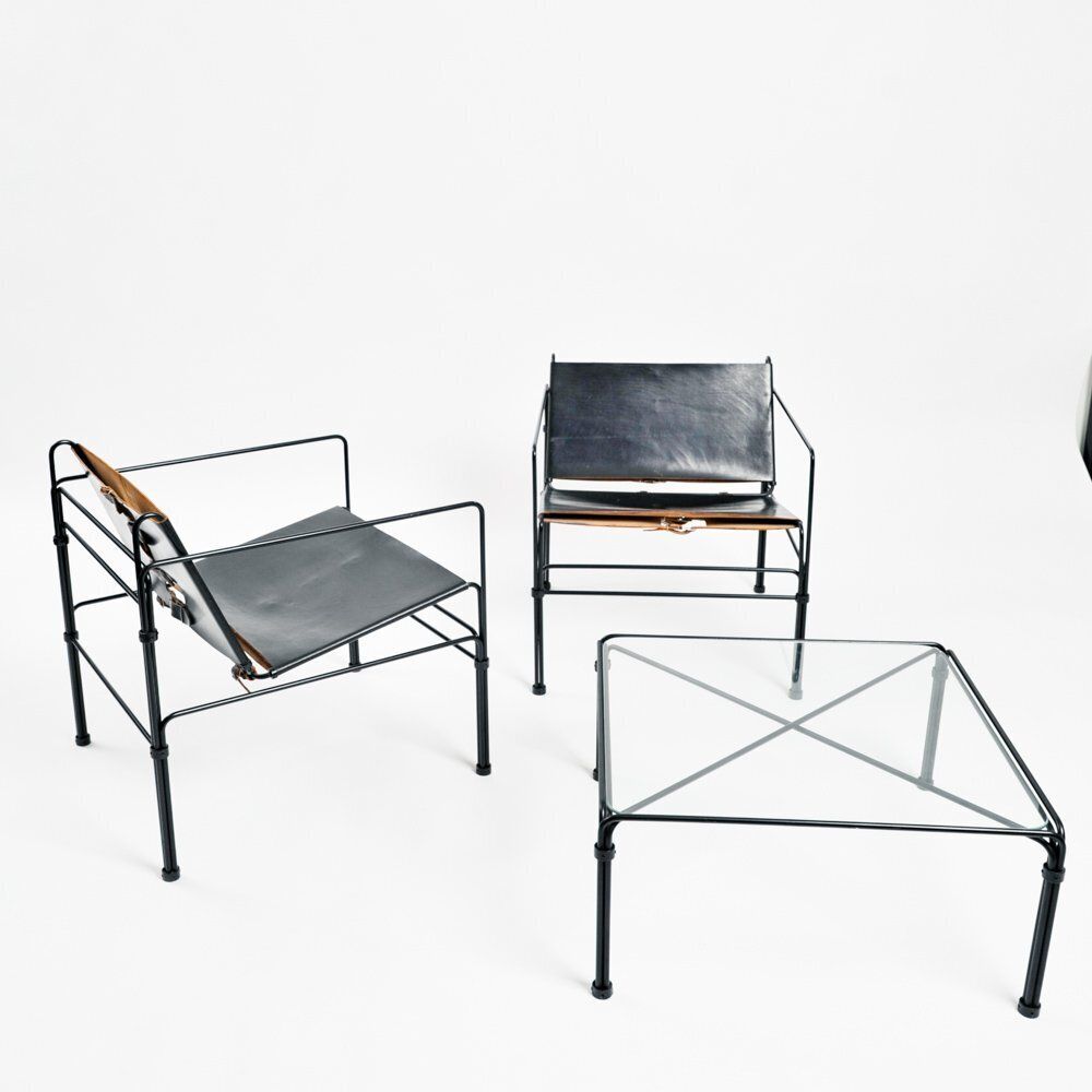 Dutch Modernist Black Leather And Steel Bar Lounge Set By Jan Van Opzeeland, Netherlands, 1980s, Set Of 3 photo for sale