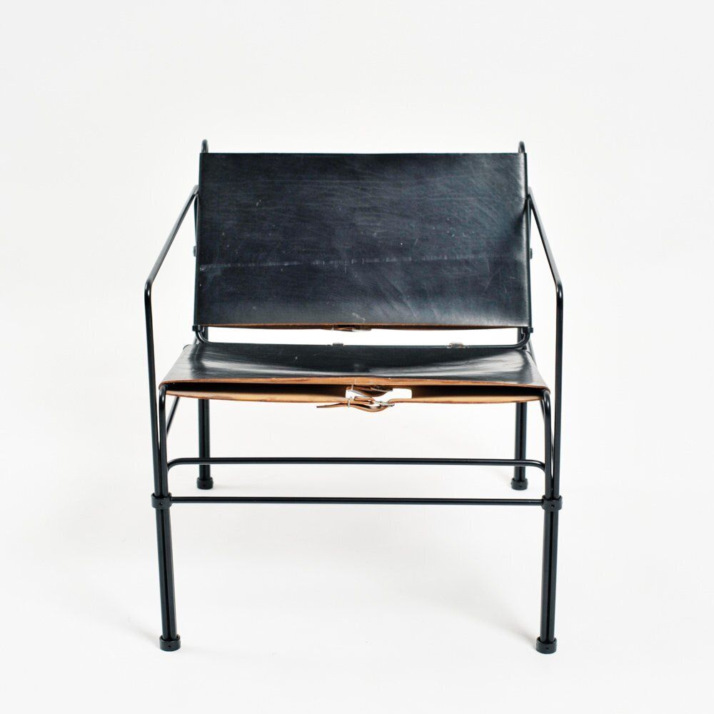 Dutch Modernist Black Leather And Steel Bar Lounge Set By Jan Van Opzeeland, Netherlands, 1980s, Set Of 3 photo buy