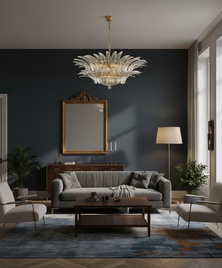 Murano Chandelier Original Palmette, Two Levels, 82 Clear Glasses photo furniture