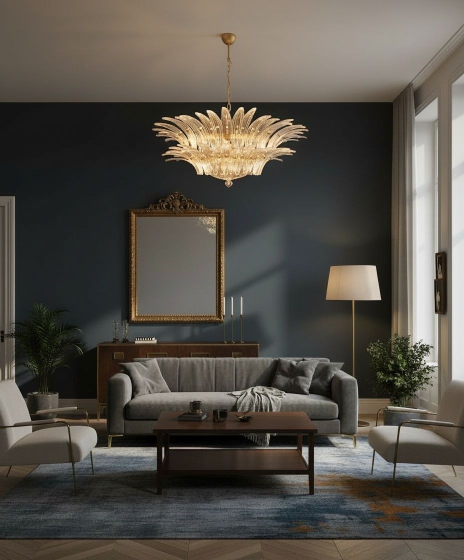 Murano Chandelier Original Palmette, Two Levels, 82 Clear Glasses photo for sale